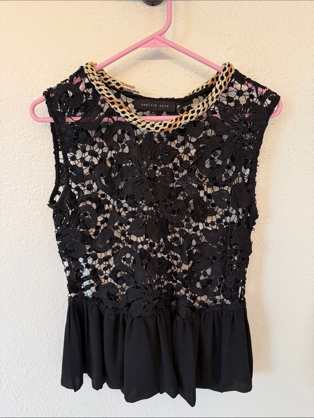 english rose Black Crochet Lace Peplum Top with Gold Chain Trim